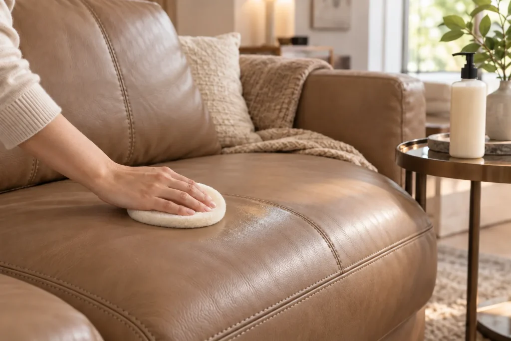 Applying leather conditioner to a sofa cushion with a soft pad