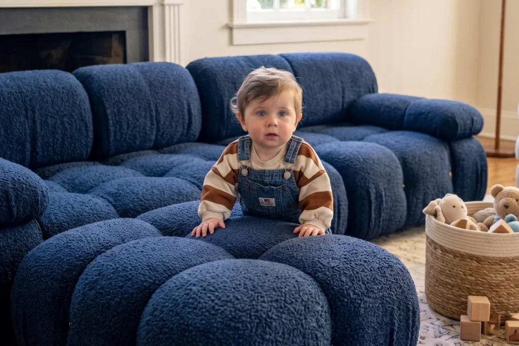 Baby on Camaleonda sofa upholstered in performance-driven fabrics
