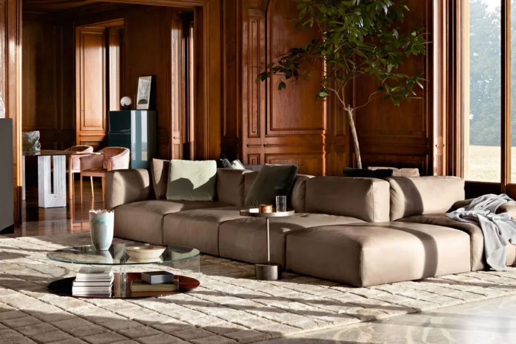 Cassina leather sofa in dark brown with plush loose back cushions