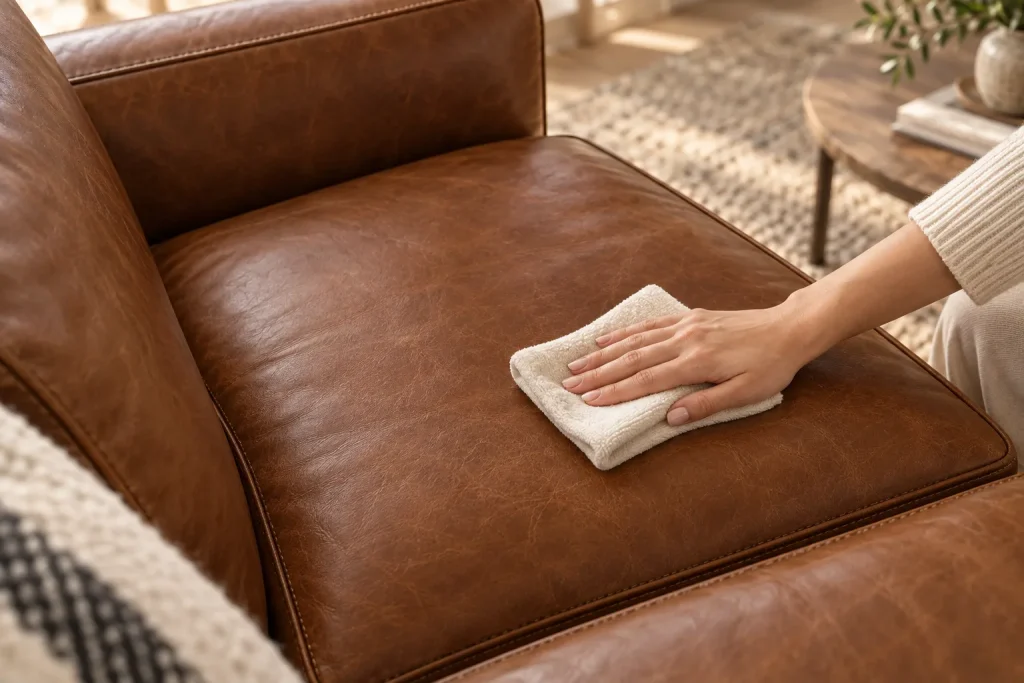 Wiping a leather sofa cushion with a soft microfiber cloth