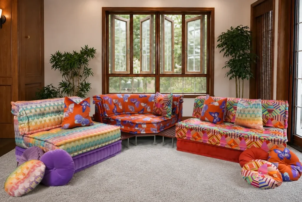 Colorful sofa with beautiful teak wood base and coffee table