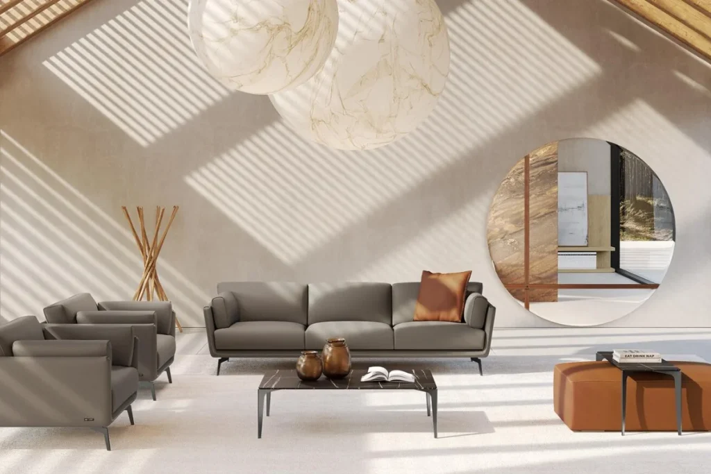 Gamma Arredamenti black leather sofa with channel tufting in a low-profile design