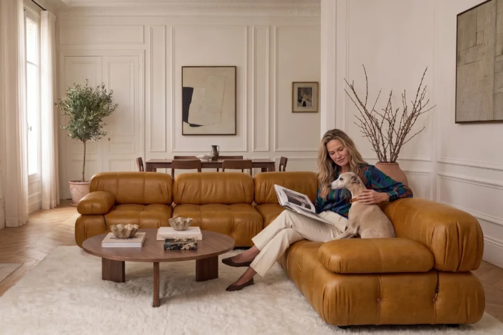 Lady and dog on a L-shaped Mario Bellini sectional