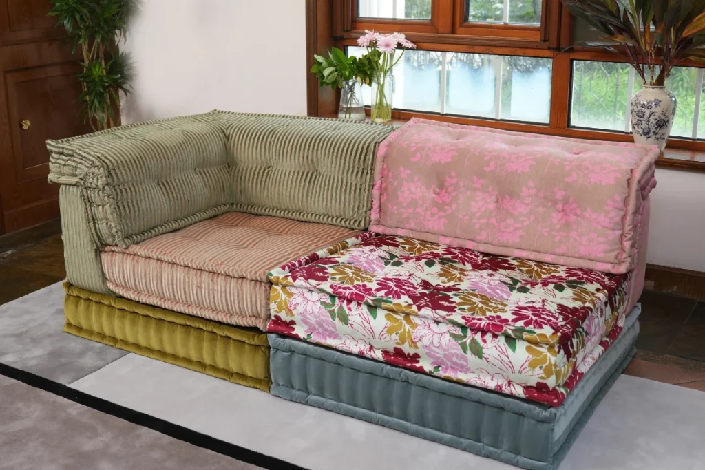 Colorful sofa stacked into a 2-seater sectional