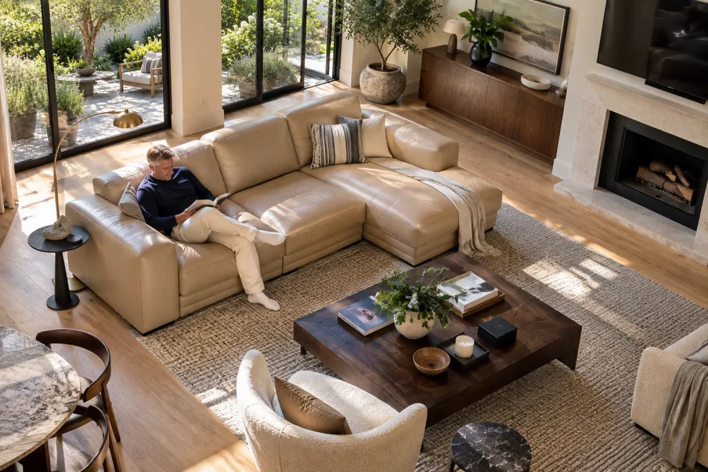 Man relaxing on a top-grain leather sofa