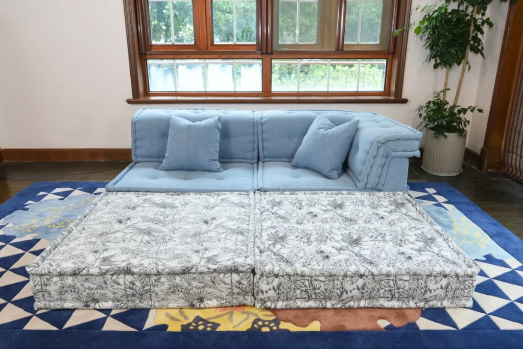 Shannon colorful sofa arranged as a daybed