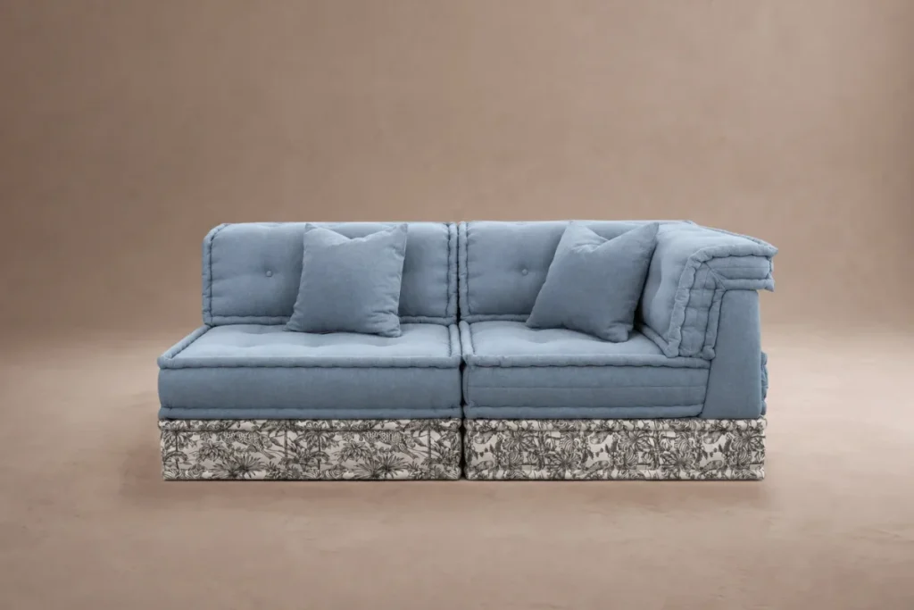 Shannon colorful sofa in pastel blue color and white tropical print