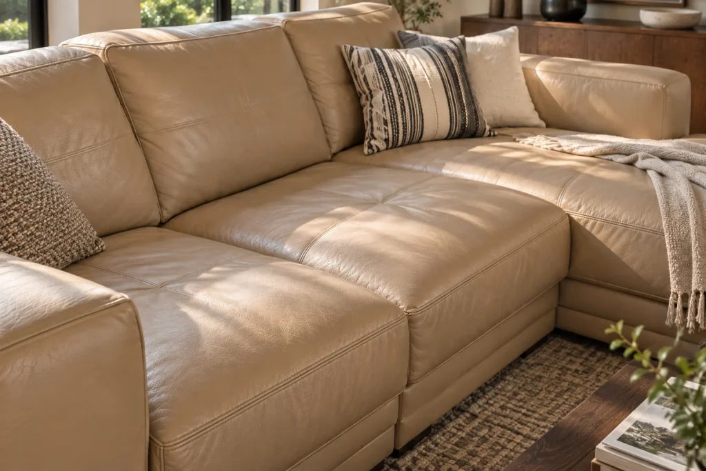 Close-up of a top-grain leather sofa cushion