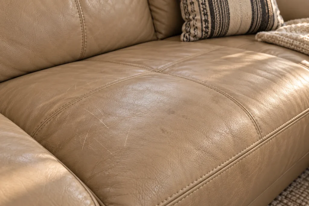 Top-grain leather sofa cushion with light scratches and a stain
