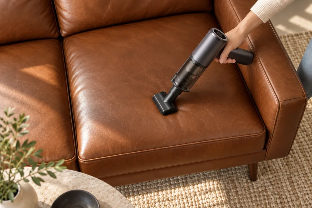 Vacuuming a leather sofa cushion with a handheld vacuum