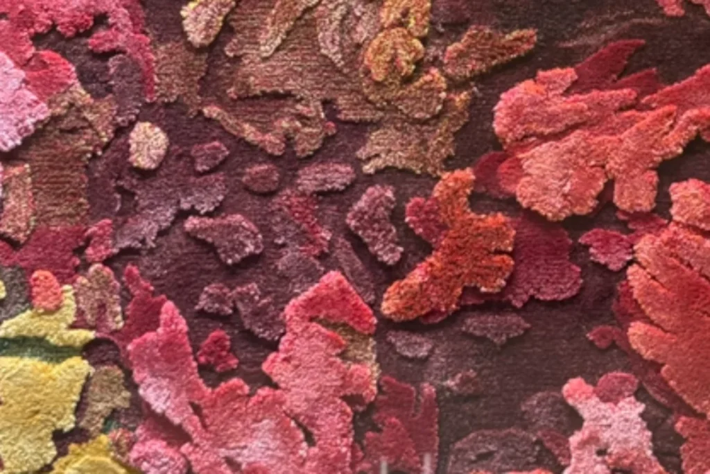 Closeup of a colorful rug with a variety of red tones