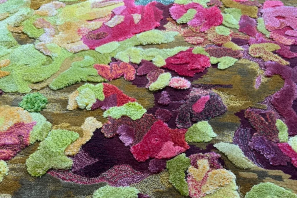 Colorful rug with a variety of colors and different pile heights