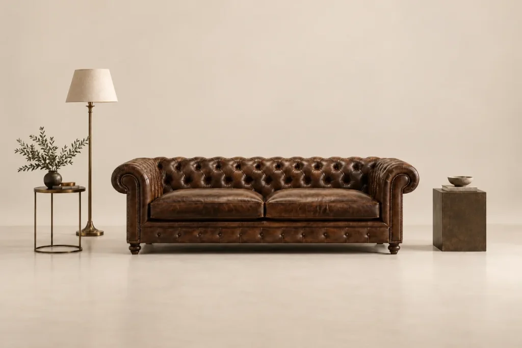 Custom brown leather Chesterfield sofa