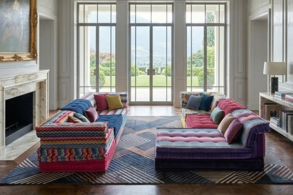 Two colorful Mah Jong-style modular sofas arranged across a patterned rug in an elegant living room with tall windows